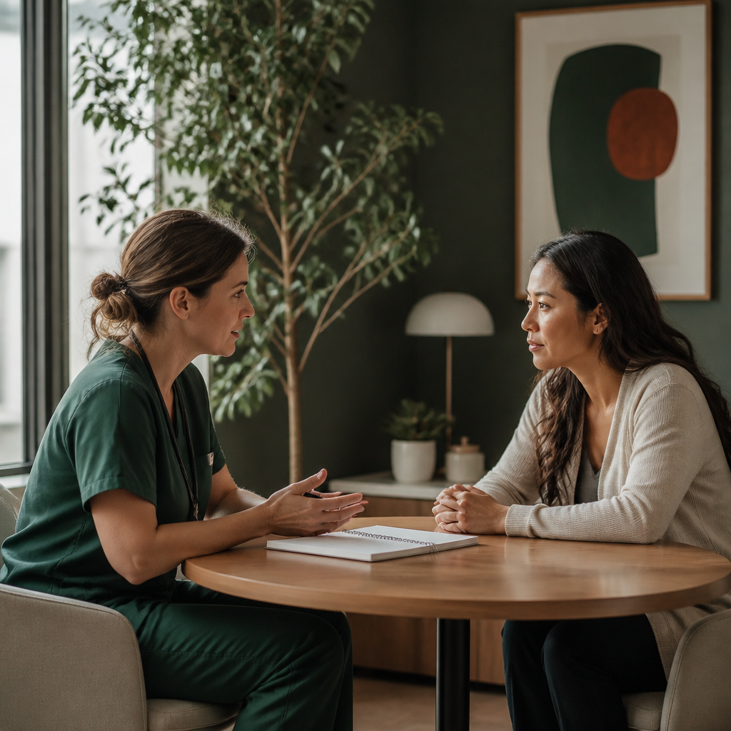 Two healthcare professionals in a thoughtful, collaborative consultation